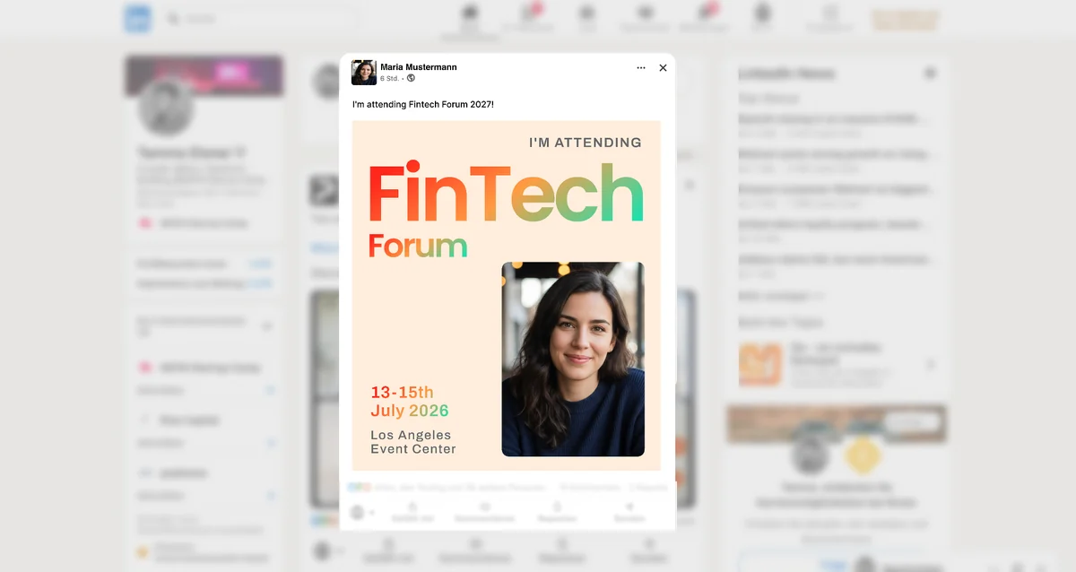 LinkedIn feed showing a personalized Meet Me At event graphic with engagement